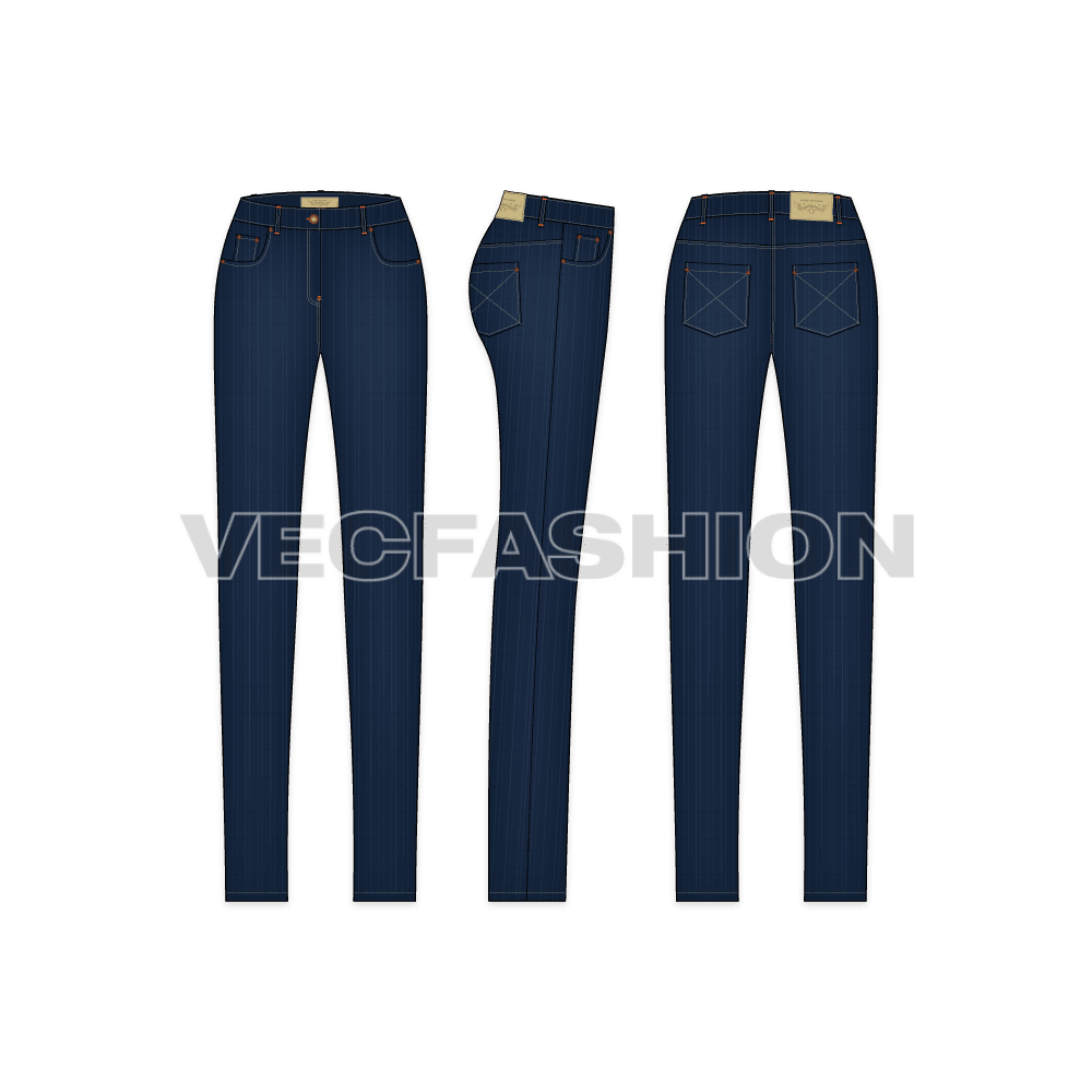 A medium-washed vector template for Women's Regular Fit Denim Jeans. This template includes Metal Shank on waist band, Metal Rivets,  PU Label, Back Pocket PU Label, Belt Loops with Bar Tack Stitch and Double Needle Stitch on all over garment.
