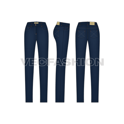 A medium-washed vector template for Women's Regular Fit Denim Jeans. This template includes Metal Shank on waist band, Metal Rivets,  PU Label, Back Pocket PU Label, Belt Loops with Bar Tack Stitch and Double Needle Stitch on all over garment.