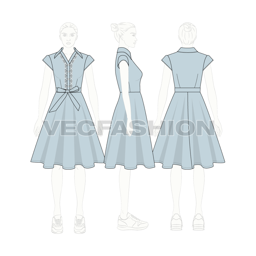 Womens retro rockabilly dress flat sketch, croqui sketch