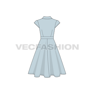 A vector template for Women's Retro Rockabilly Dress. It has a V-neck with lace around the collar. It has a bow belt around the waist and a flared out skirt. 