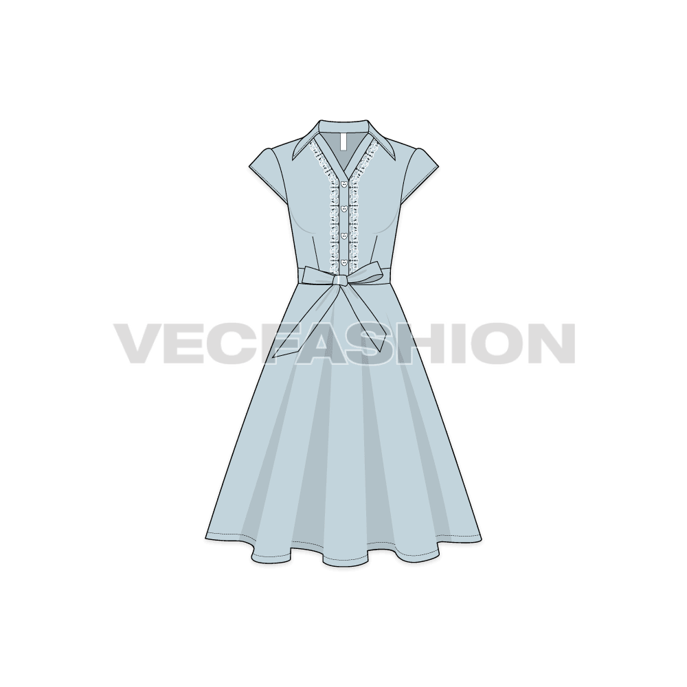 A vector template for Women's Retro Rockabilly Dress. It has a V-neck with lace around the collar. It has a bow belt around the waist and a flared out skirt. 