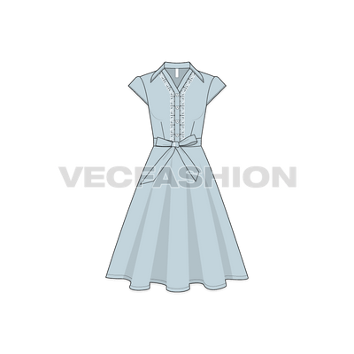 A vector template for Women's Retro Rockabilly Dress. It has a V-neck with lace around the collar. It has a bow belt around the waist and a flared out skirt. 