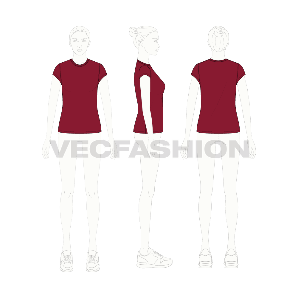 Womens round neck cap sleeved tee flat sketch, croqui sketch