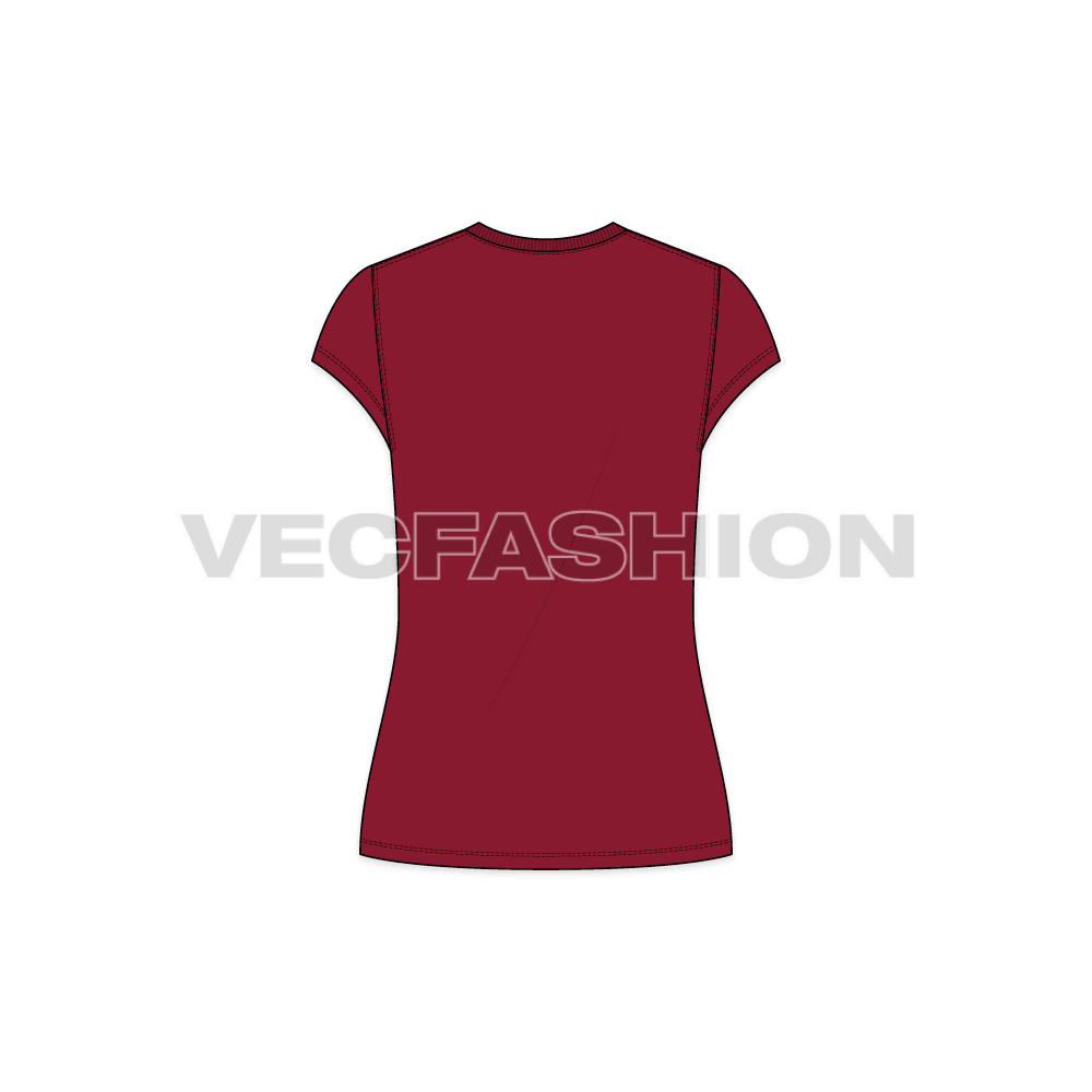 Womens round neck cap sleeved tee flat sketch, back view