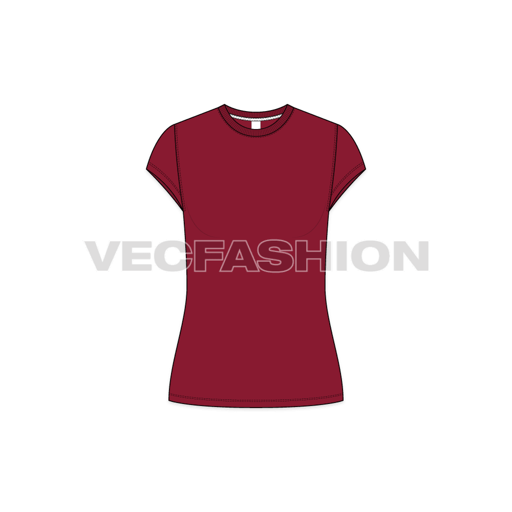 Womens round neck cap sleeved tee flat sketch, front view