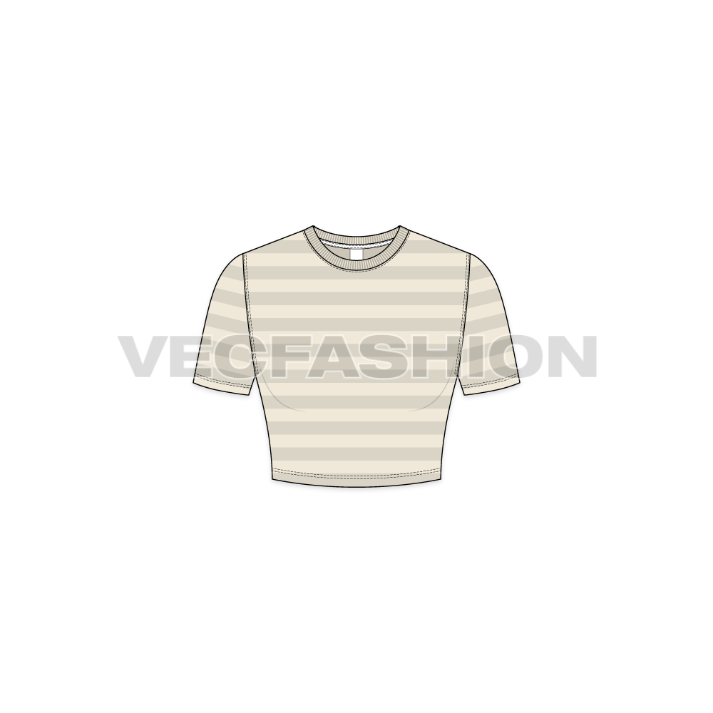 Womens round neck crop tee, striped flat sketch, front view