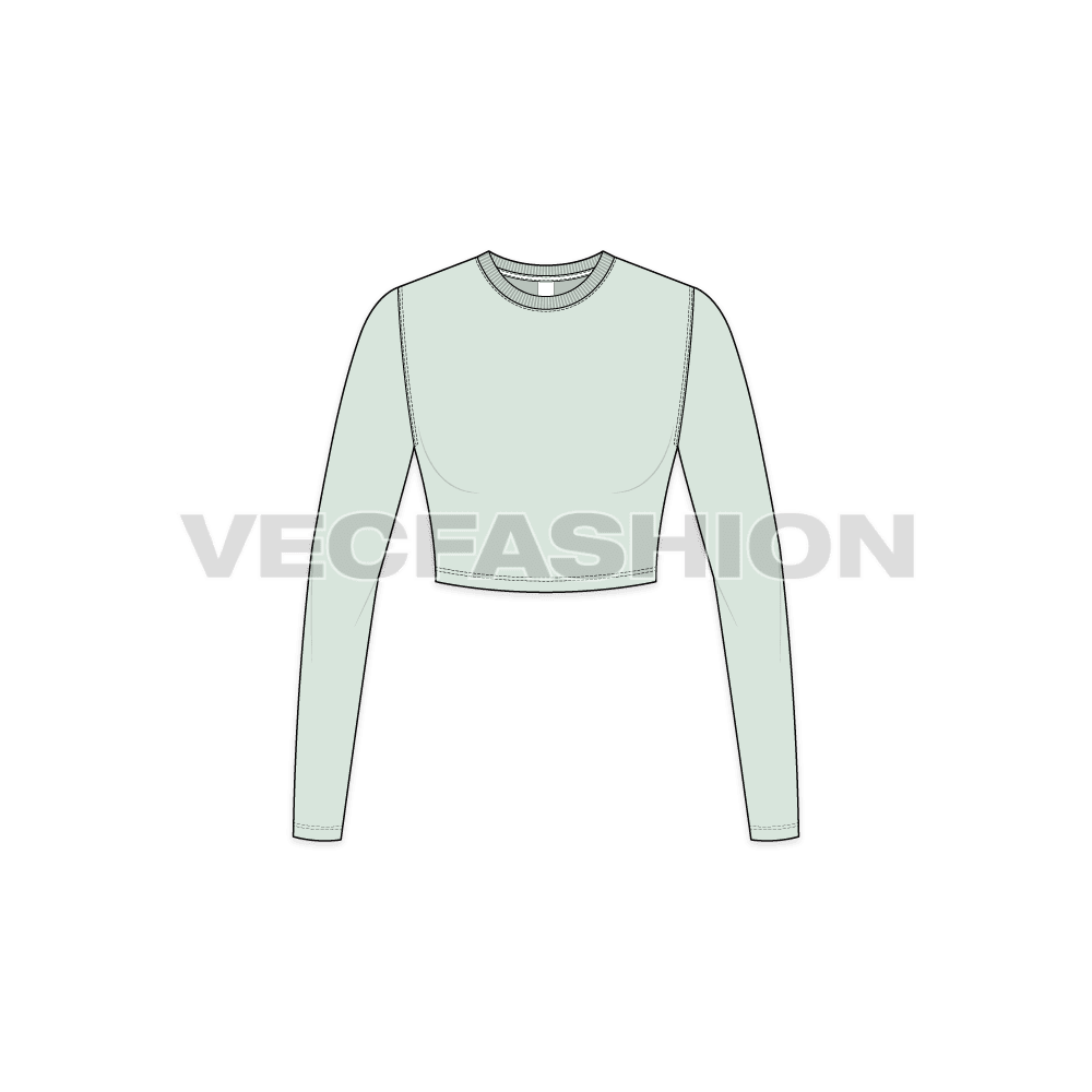Womens round neck crop tee, ribbed flat sketch, front view