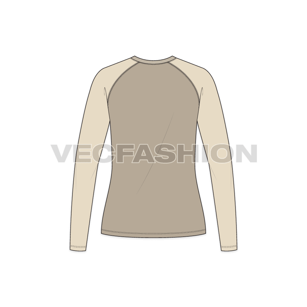 Womens round neck raglan sleeve flat sketch, back view