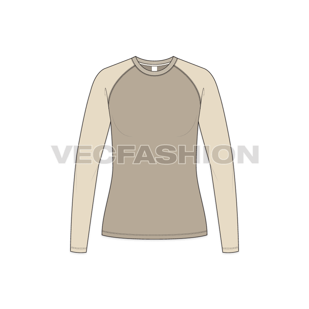 Womens round neck raglan sleeve flat sketch, front view
