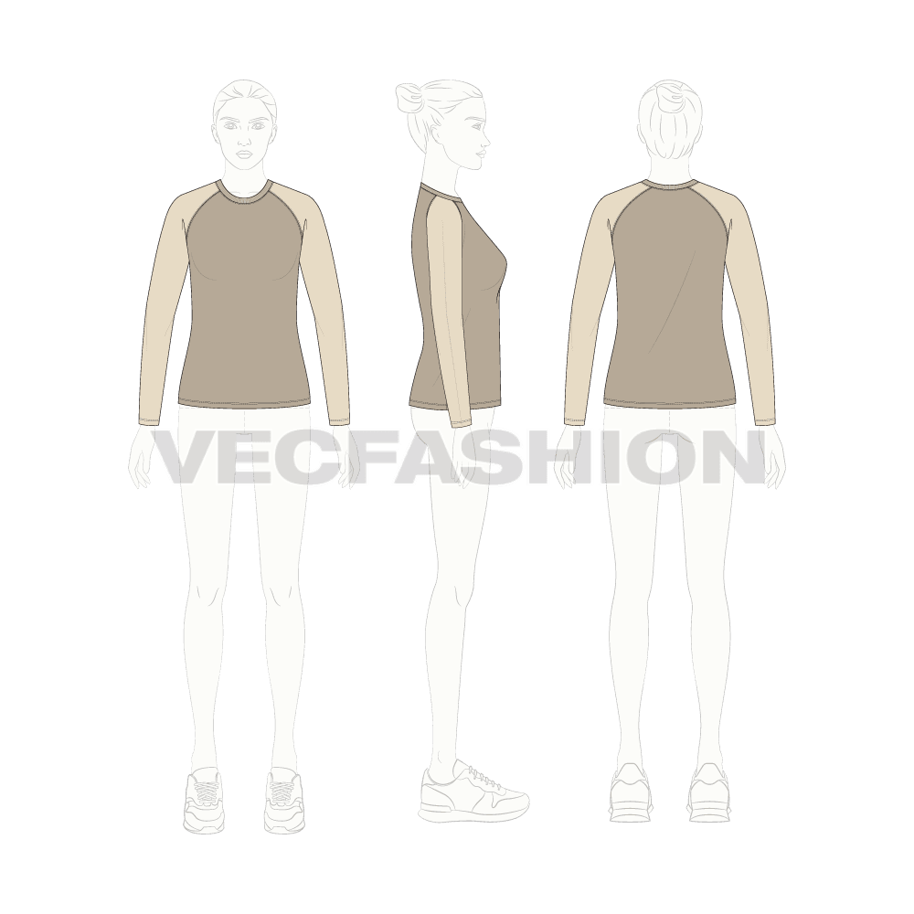 Womens round neck raglan sleeve flat sketch, croqui sketch