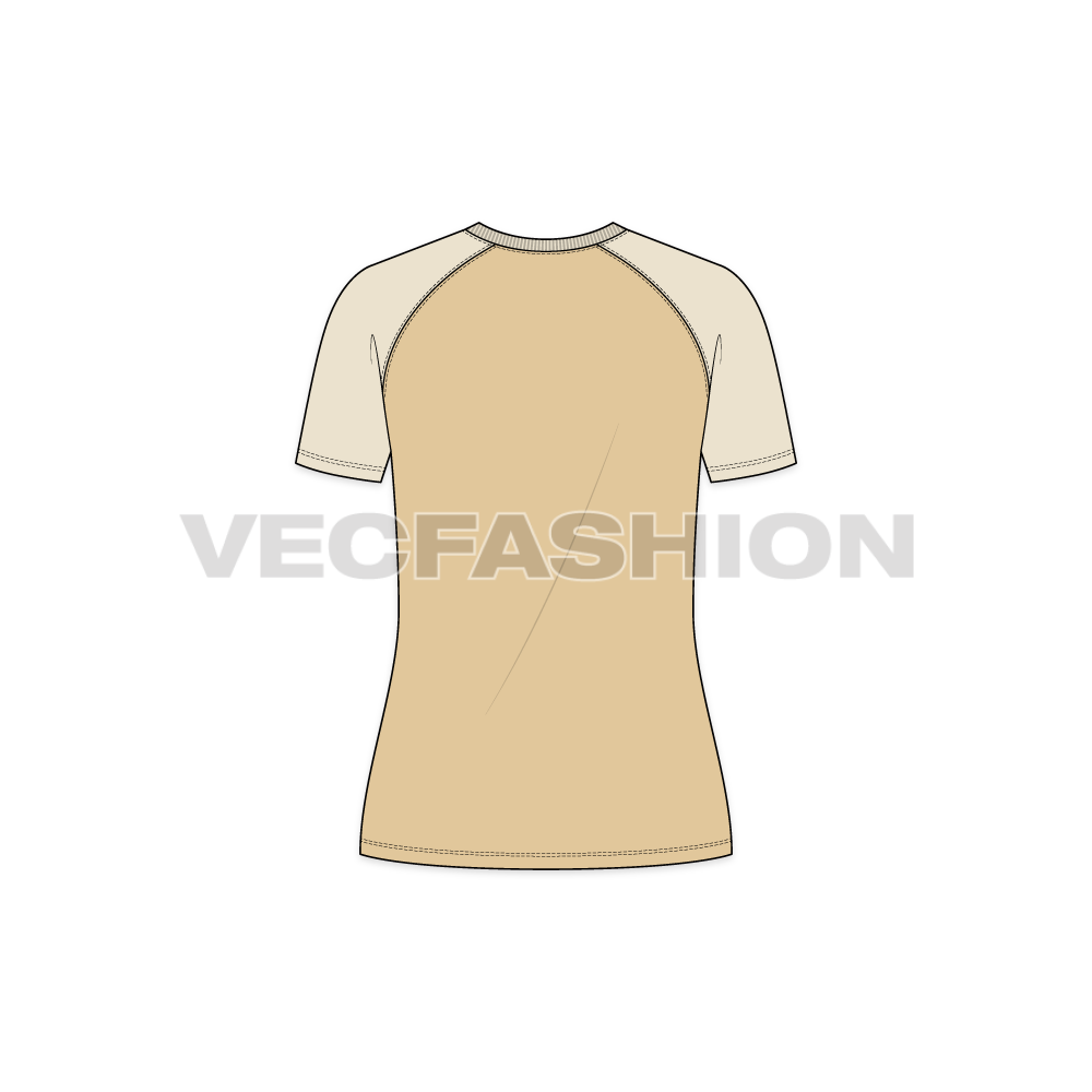Womens roundneck raglan tee flat sketch, back view
