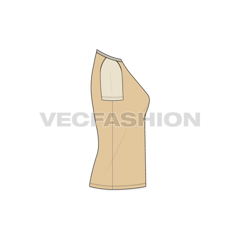 Womens roundneck raglan tee flat sketch, side view