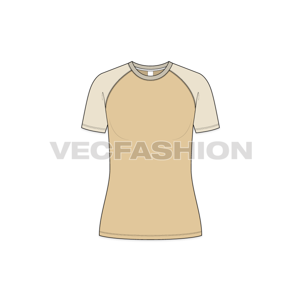 Womens roundneck raglan tee flat sketch, front view