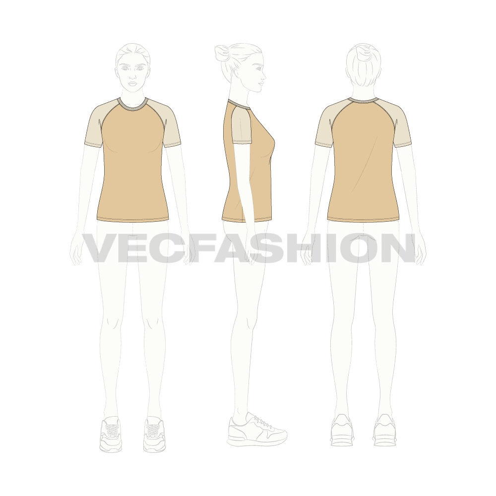 Womens roundneck raglan tee flat sketch, croqui sketch