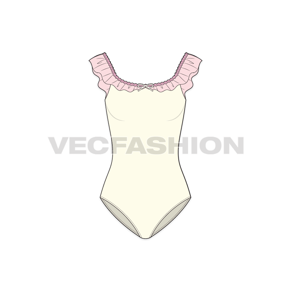 Womens ruffled beach swimsuit flat sketch, front view