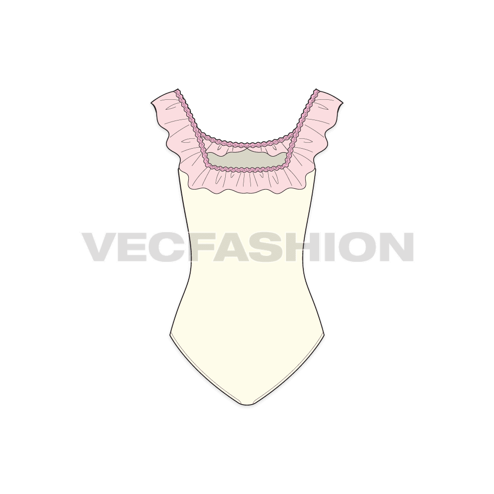 Womens ruffled beach swimsuit flat sketch, back view