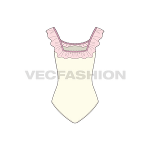 A vector template for Women's Ruffled Beach Swimsuit. It has ruffles at the neck top edge and made with lycra material.