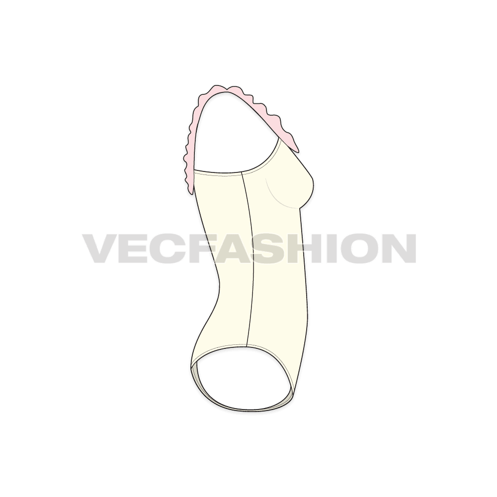 Womens ruffled beach swimsuit flat sketch, side view