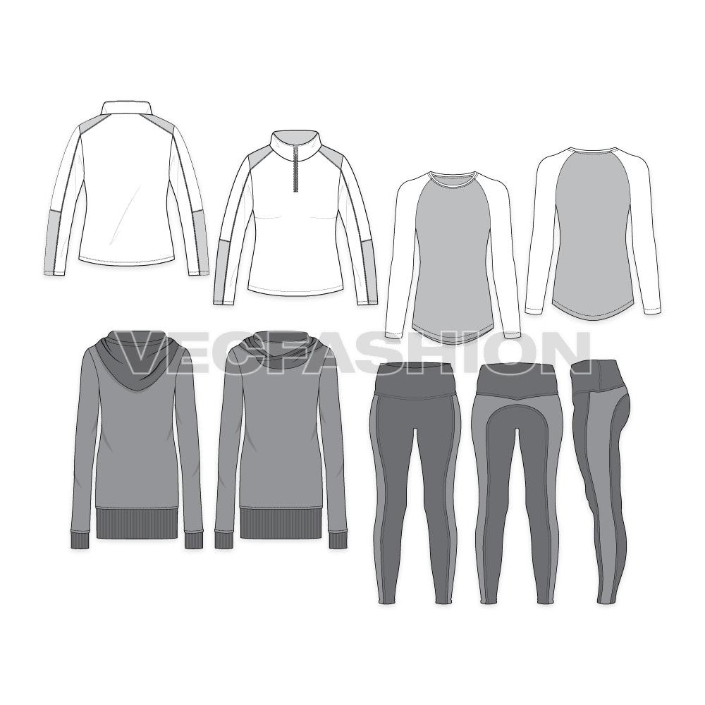 A very strong and fresh Fashion Set,  it has the latest style apparels for Women Running Clothing Set. All templates are with Front and Back view and easy to edit.