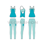 Womens running set, sport tank flat sketch, showing all views, front, side and back