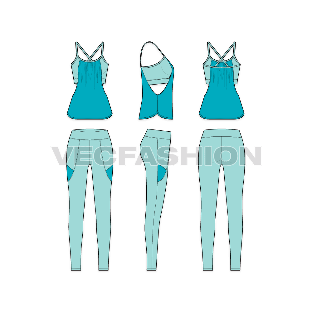 Womens running set, sport tank flat sketch, showing all views, front, side and back