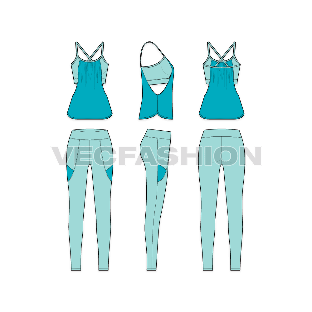 A vector fashion sketch template of Women's Running Set. It is a complete set with Sport Tank and compression leggings. The design is inspired by modern styles and gives a great comfort while working out. 