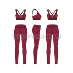 Womens running set, high waisted flat sketch, showing all views, front, side and back
