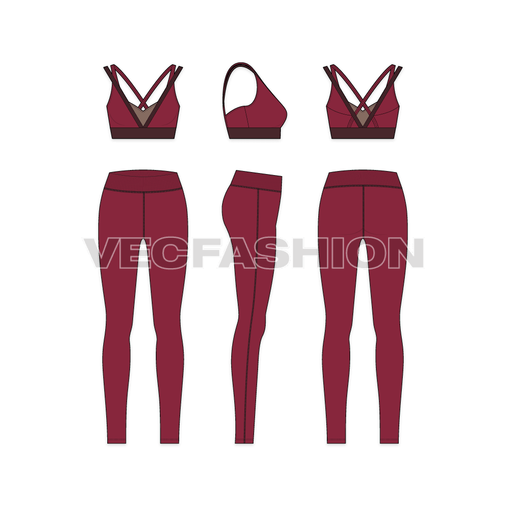 Womens running set, high waisted flat sketch, showing all views, front, side and back
