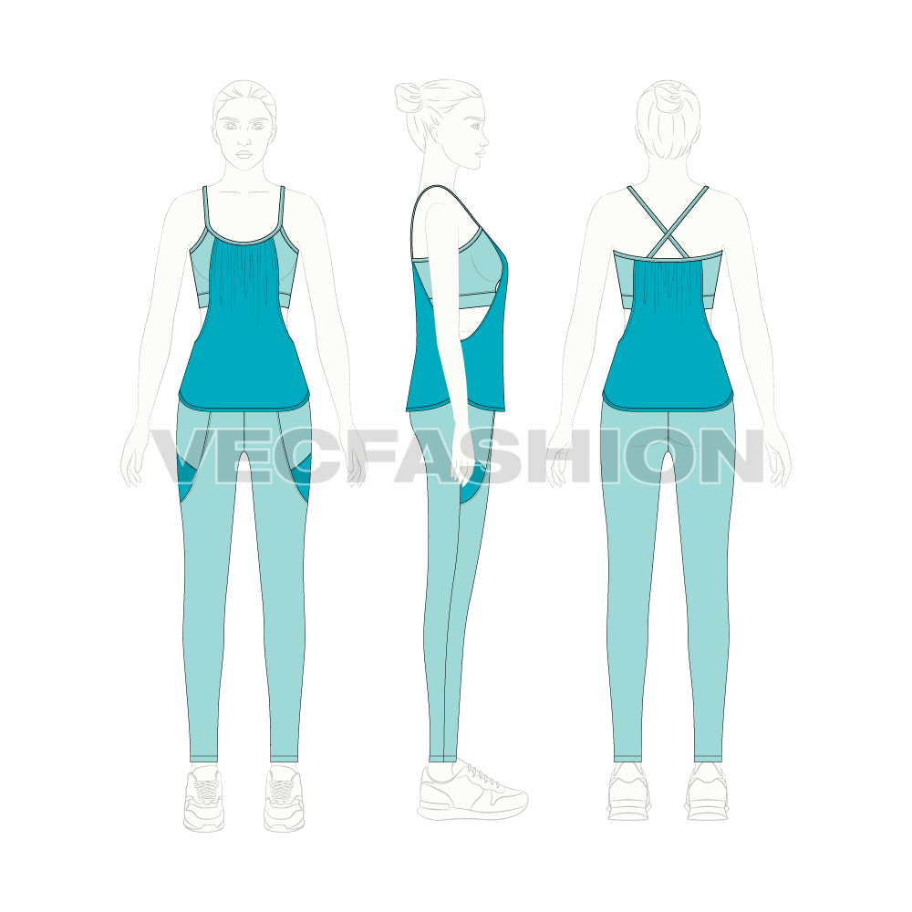 Womens running set, sport tank flat sketch, on croqui