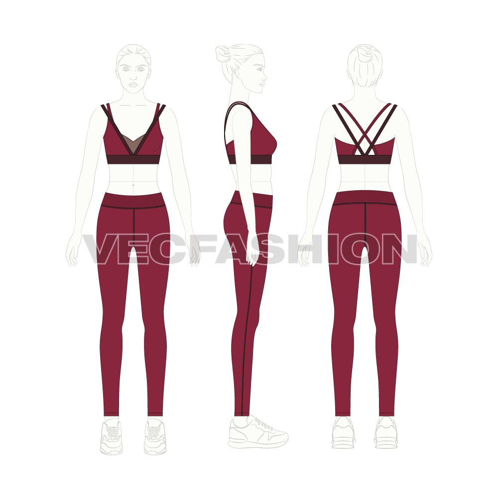 Womens running set, high waisted flat sketch, on croqui