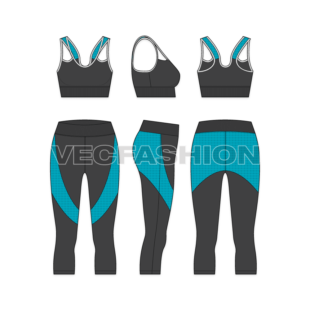 Womens running set, mesh panels flat sketch, showing all views, front, side and back