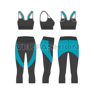 An activewear clothing vector fashion set is composed of Women's Running Set. It has a Sports bra and Flex Tights. It is designed with unique graphics and cut and sew panels in self and mesh fabrics.