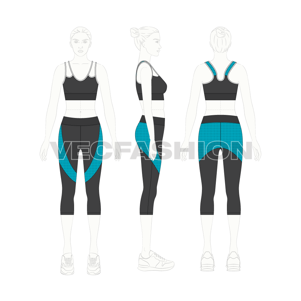 Womens running set, mesh panels flat sketch, on croqui