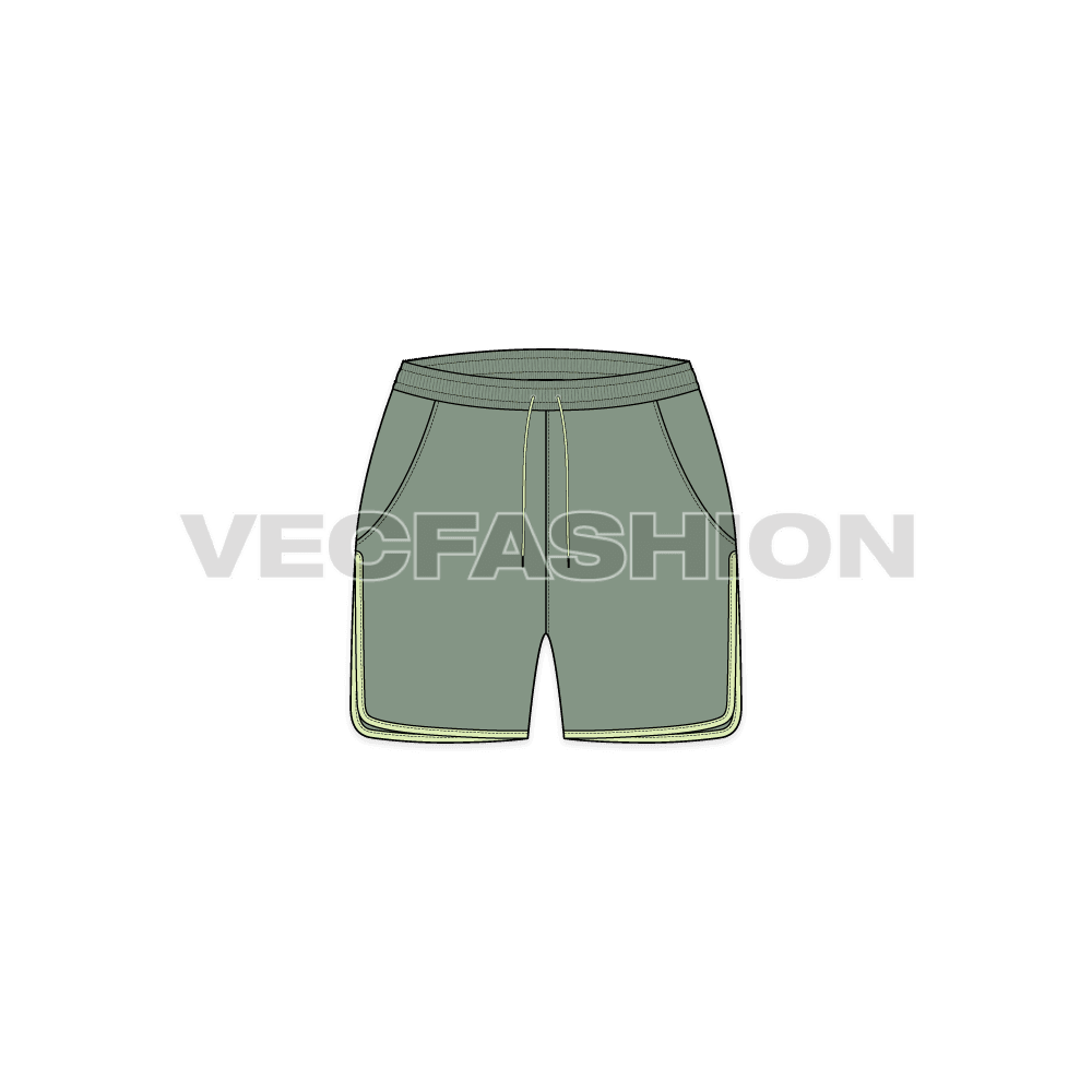 Womens running shorts, contrast trim flat sketch, front view