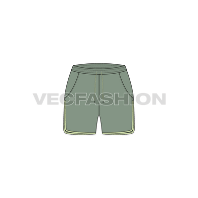 A vector fashion sketch template of Women's Running Shorts. It has an elasticated waistband with contrast colored trims. Download it and edit the colors how you want it to be. There is contrast colored edging on the leg opening goes till the pocket opening on sides. 