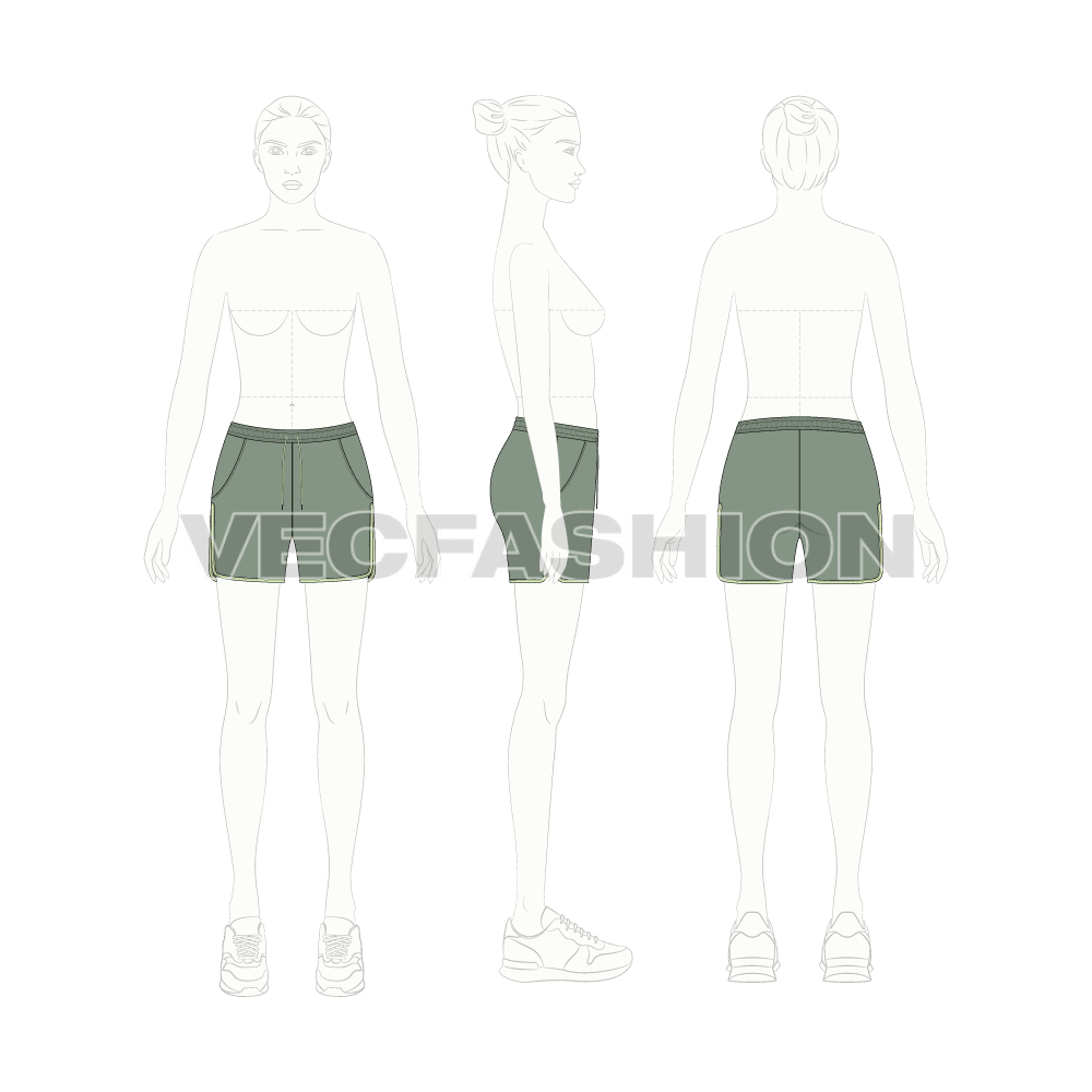 Womens running shorts, contrast trim flat sketch, croqui sketch