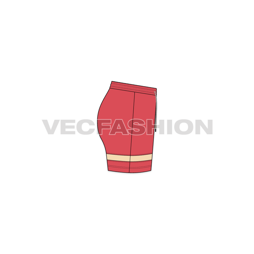 Womens running shorts, above knee flat sketch, side view