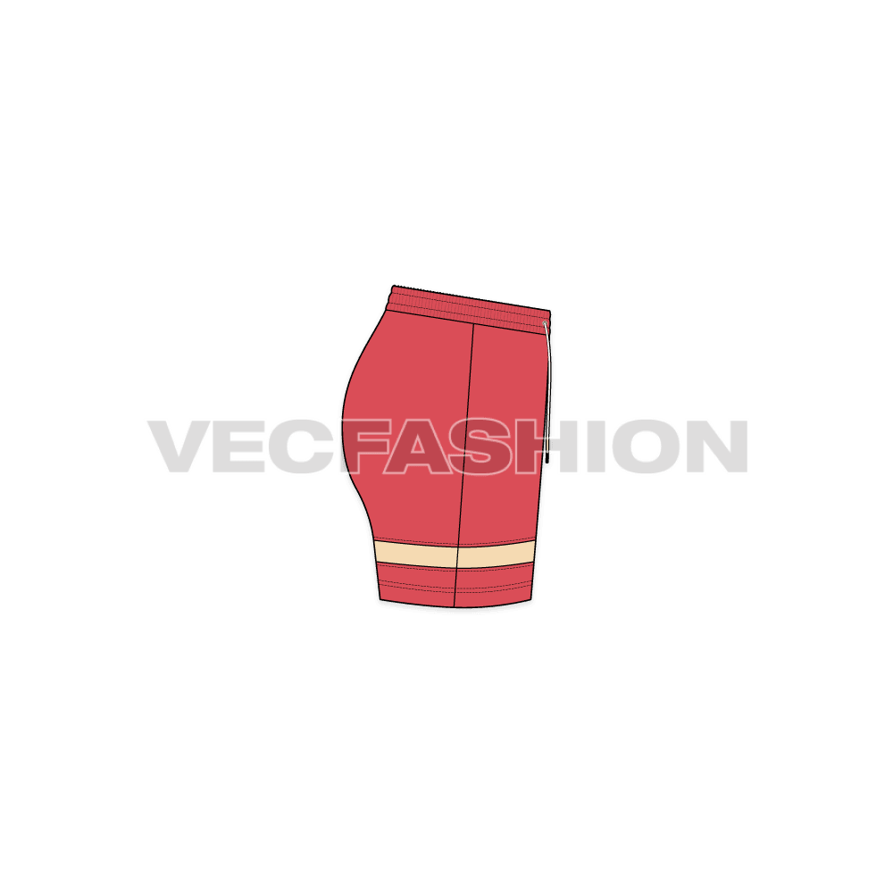 A vector fashion sketch template of Women's Running Shorts. It is designed with straight cut, length comes above knee level. It has an elasticated waistband with a contrast colored panel near leg opening. 