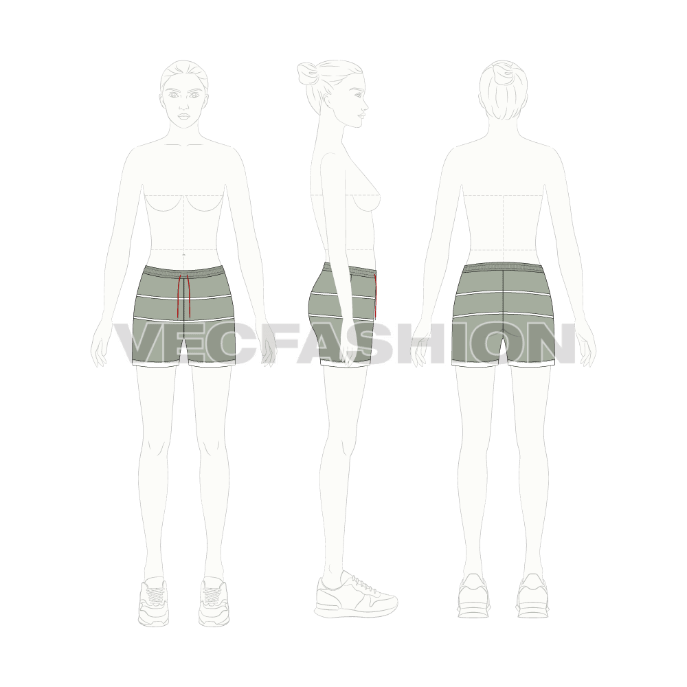 Womens running shorts flat sketch, croqui sketch