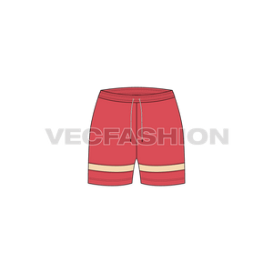 A vector fashion sketch template of Women's Running Shorts. It is designed with straight cut, length comes above knee level. It has an elasticated waistband with a contrast colored panel near leg opening. 