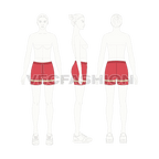 Womens running shorts, above knee flat sketch, croqui sketch
