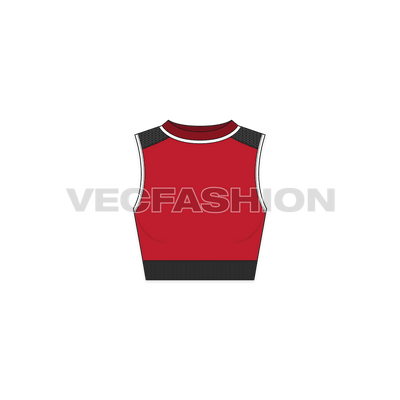 A vector apparel template for Women's Running Sport Top. it has wide rib at the hem and neckline. A mesh panel at shoulder, a contrast colored edging on the armhole and knitted pattern on the hem rib.