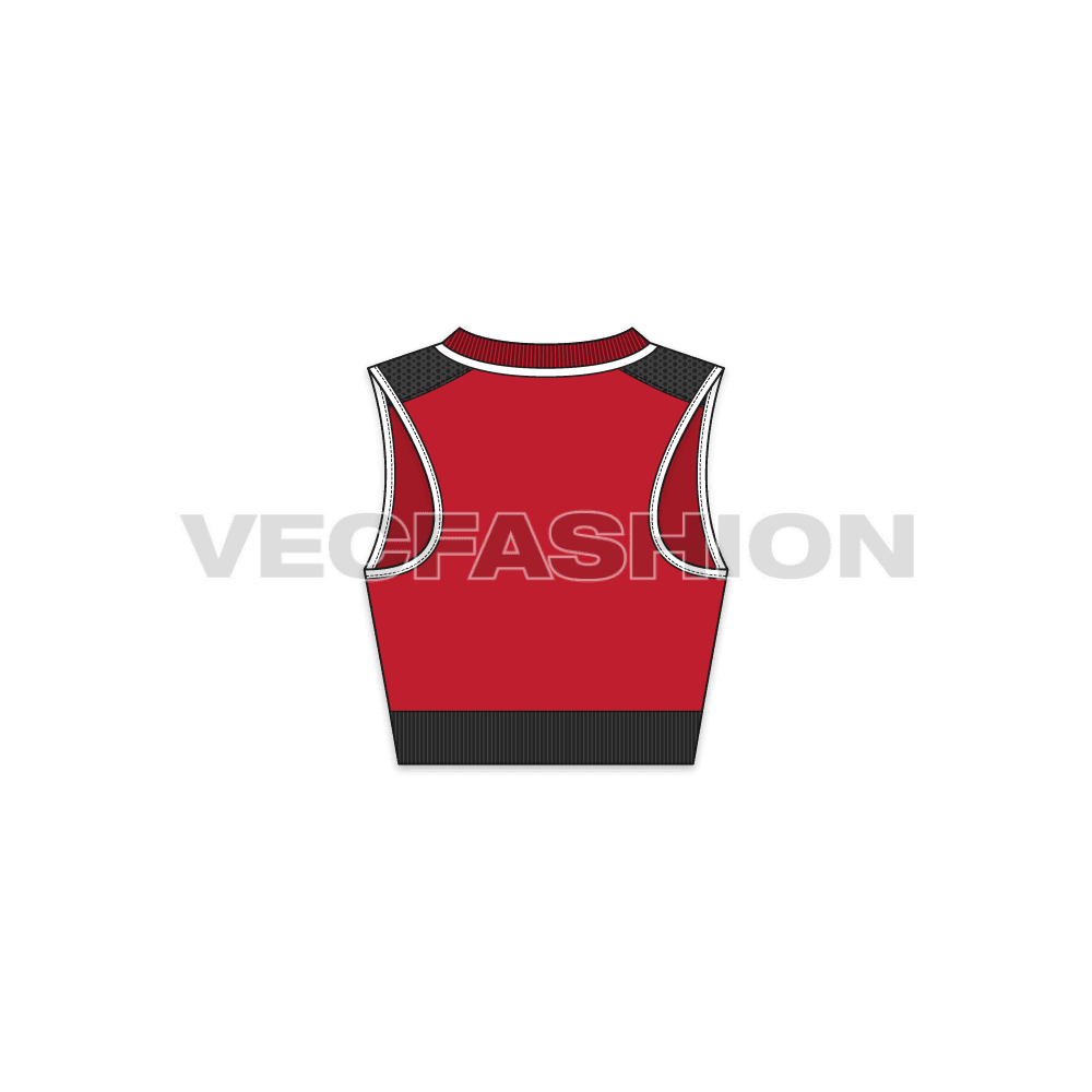 A vector apparel template for Women's Running Sport Top. it has wide rib at the hem and neckline. A mesh panel at shoulder, a contrast colored edging on the armhole and knitted pattern on the hem rib.