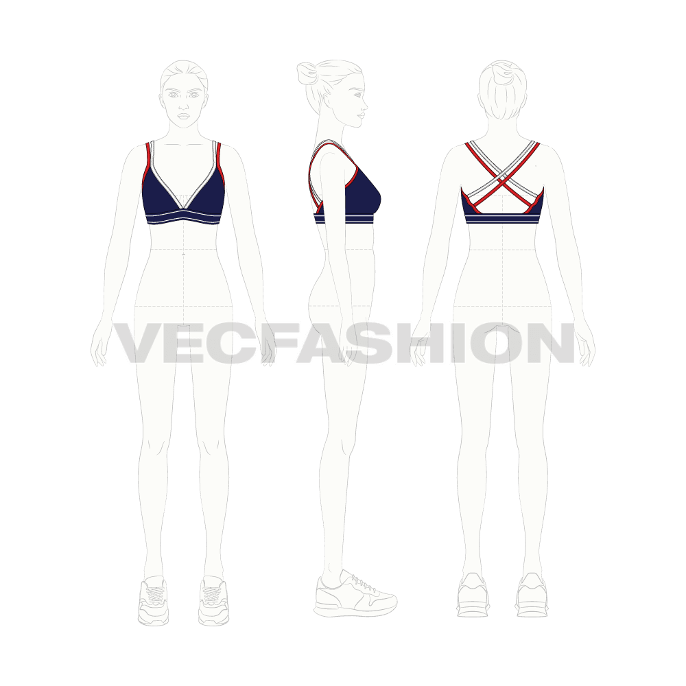 Womens running sports bra flat sketch, croqui sketch