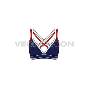 A new vector apparel template of Womens Running Sports Bra. It has navy blue soft shell cups with dual contrast colored straps with branded band under the busts. 