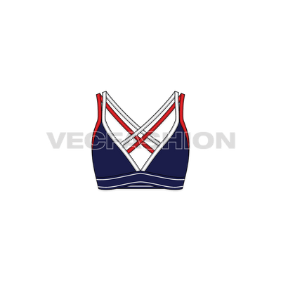 A new vector apparel template of Womens Running Sports Bra. It has navy blue soft shell cups with dual contrast colored straps with branded band under the busts. 