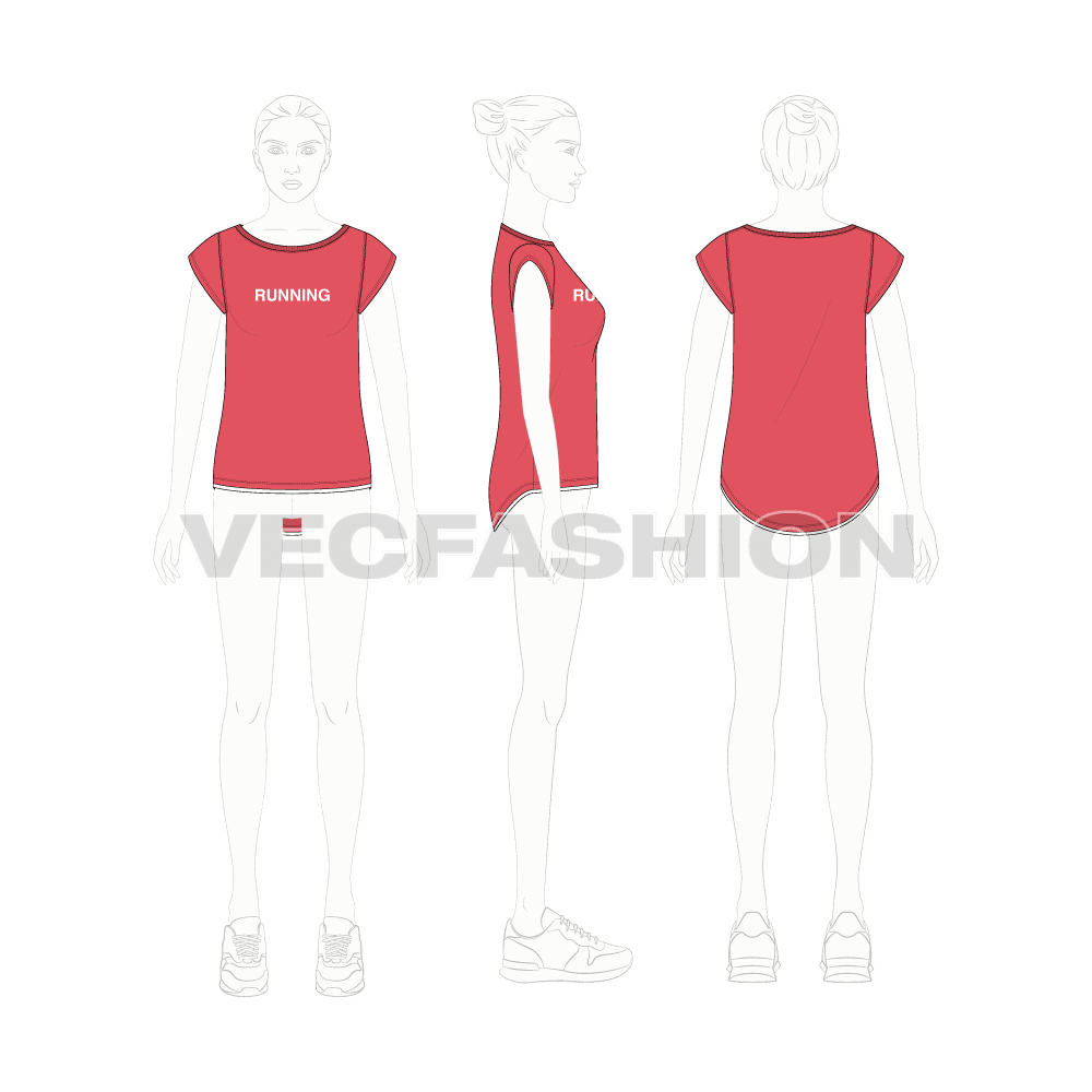Womens running t-shirt flat sketch, croqui sketch