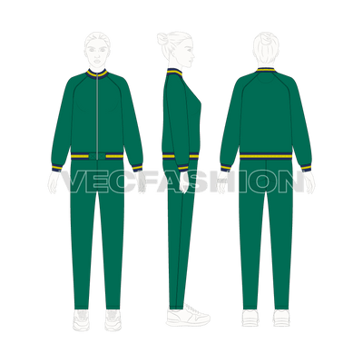 An editable vector template for Women's Running Tracksuit. It has a red jacket with two striped neck, cuff and bottom hem rib with fitted joggers.