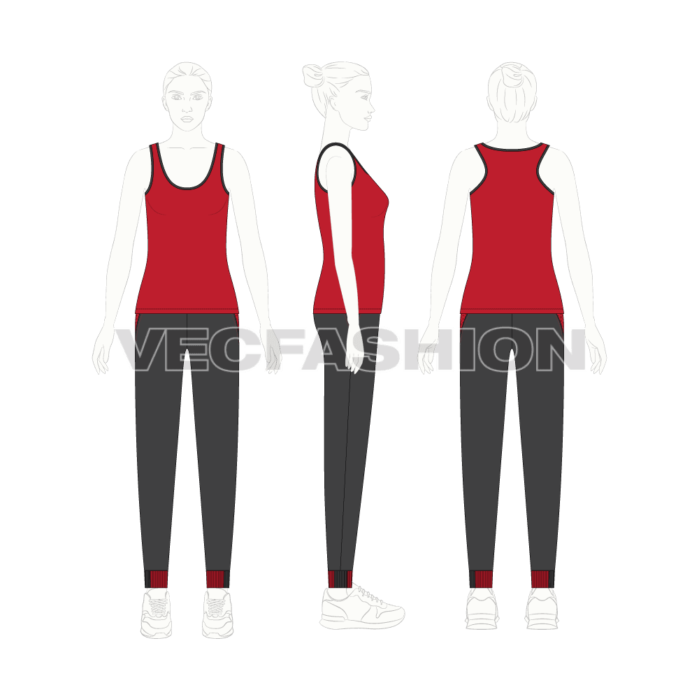 Womens running tracksuit flat sketch, on croqui