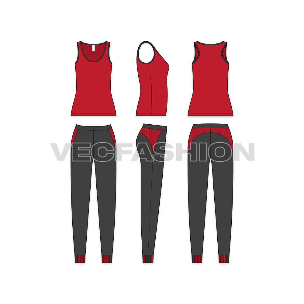 Womens running tracksuit flat sketch, showing all views, front, side and back